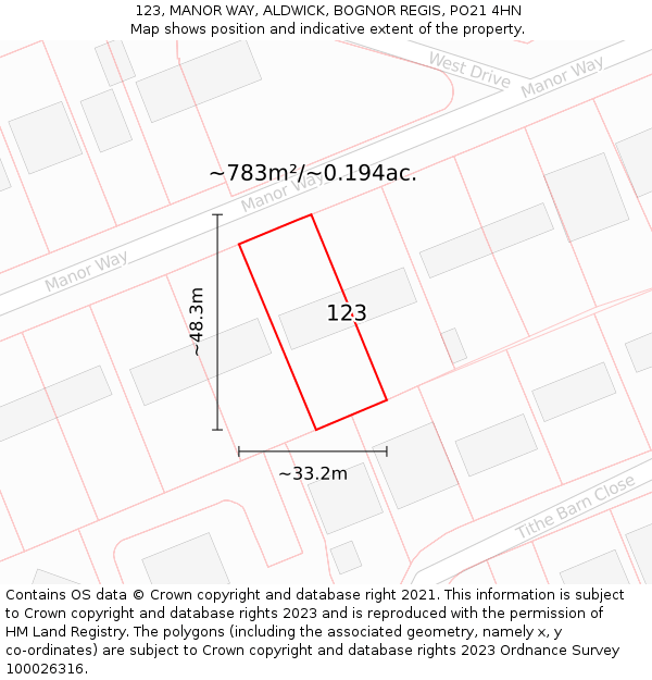 123, MANOR WAY, ALDWICK, BOGNOR REGIS, PO21 4HN: Plot and title map