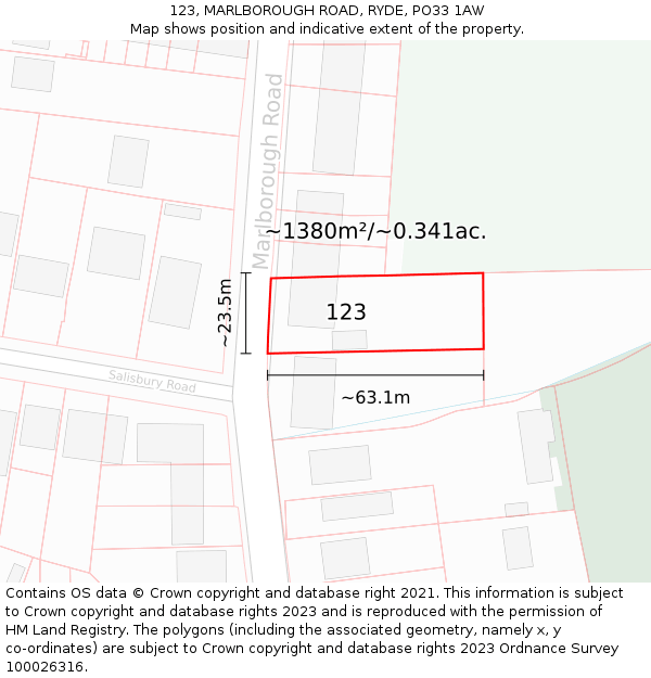 123, MARLBOROUGH ROAD, RYDE, PO33 1AW: Plot and title map