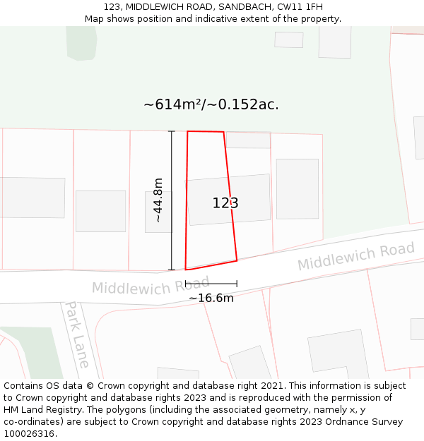 123, MIDDLEWICH ROAD, SANDBACH, CW11 1FH: Plot and title map