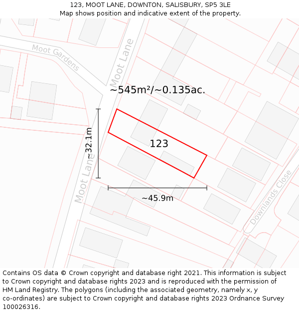 123, MOOT LANE, DOWNTON, SALISBURY, SP5 3LE: Plot and title map