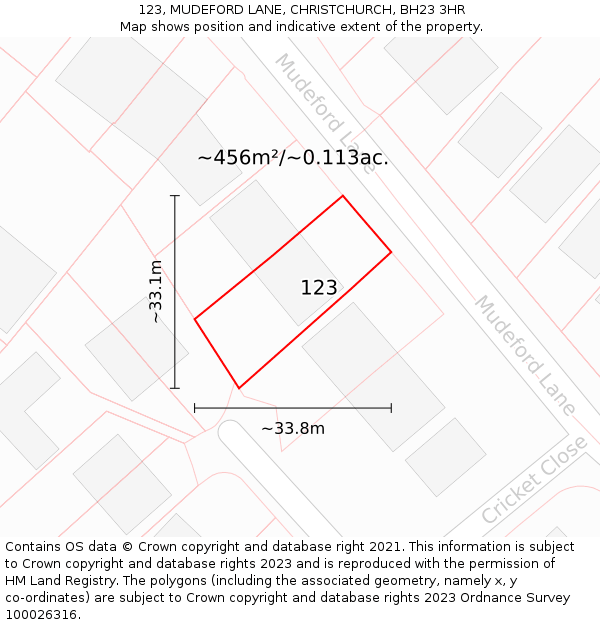 123, MUDEFORD LANE, CHRISTCHURCH, BH23 3HR: Plot and title map