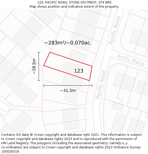 123, PACIFIC ROAD, STOKE-ON-TRENT, ST4 8RS: Plot and title map