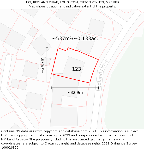 123, REDLAND DRIVE, LOUGHTON, MILTON KEYNES, MK5 8BP: Plot and title map