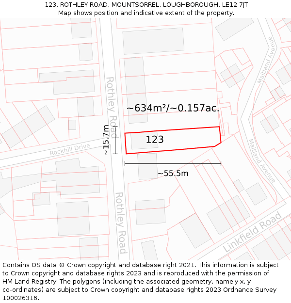 123, ROTHLEY ROAD, MOUNTSORREL, LOUGHBOROUGH, LE12 7JT: Plot and title map