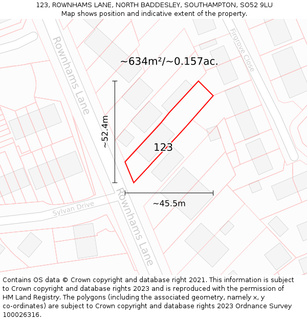 123, ROWNHAMS LANE, NORTH BADDESLEY, SOUTHAMPTON, SO52 9LU: Plot and title map