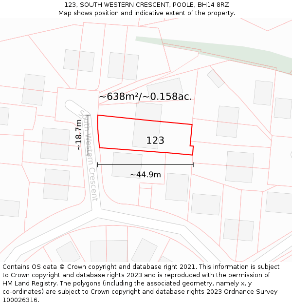 123, SOUTH WESTERN CRESCENT, POOLE, BH14 8RZ: Plot and title map