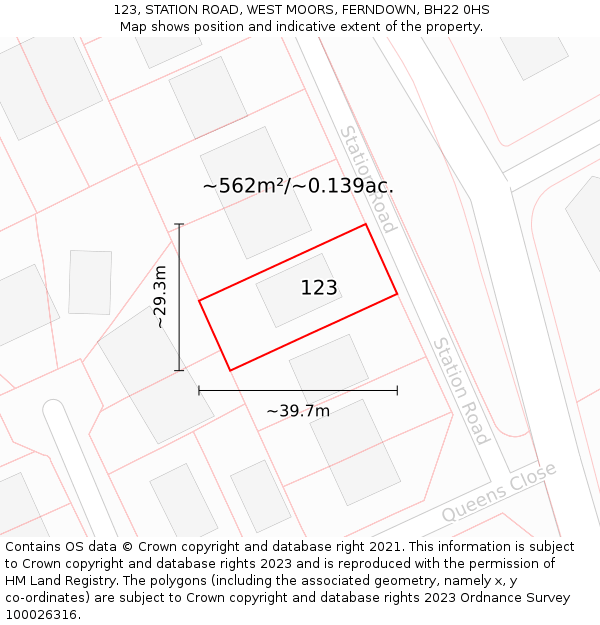 123, STATION ROAD, WEST MOORS, FERNDOWN, BH22 0HS: Plot and title map