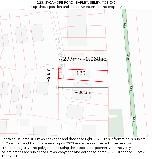 123, SYCAMORE ROAD, BARLBY, SELBY, YO8 5XD: Plot and title map