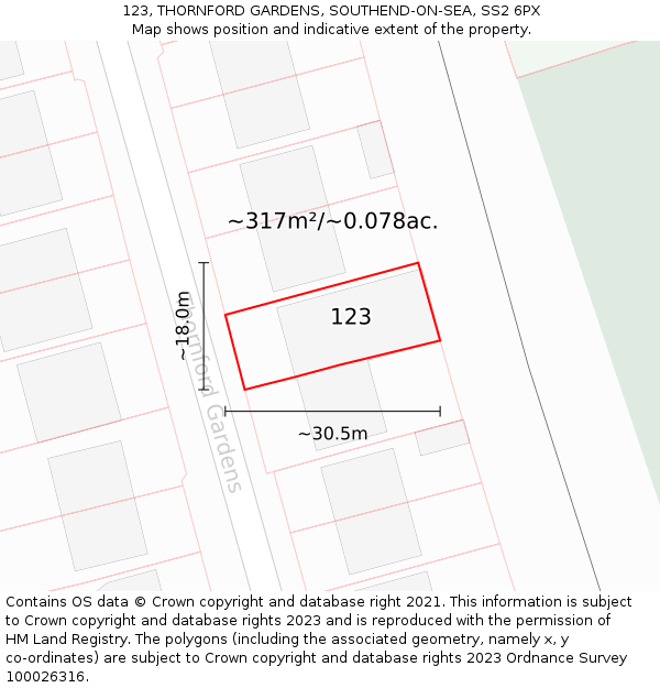 123, THORNFORD GARDENS, SOUTHEND-ON-SEA, SS2 6PX: Plot and title map