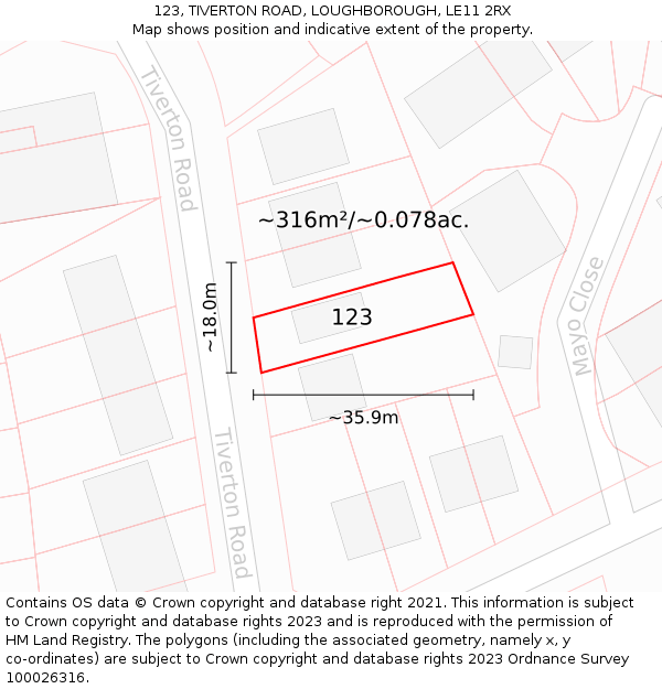 123, TIVERTON ROAD, LOUGHBOROUGH, LE11 2RX: Plot and title map