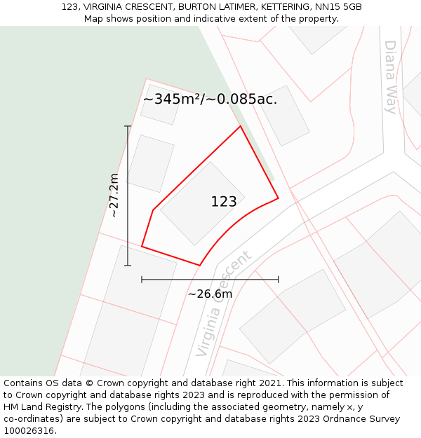 123, VIRGINIA CRESCENT, BURTON LATIMER, KETTERING, NN15 5GB: Plot and title map