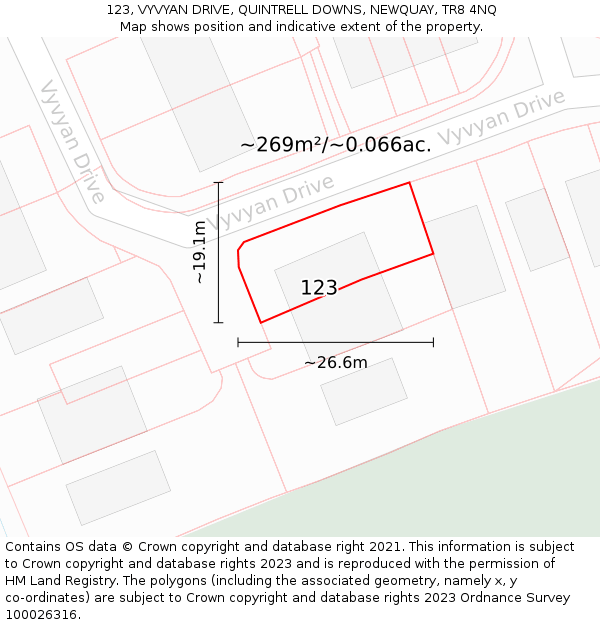 123, VYVYAN DRIVE, QUINTRELL DOWNS, NEWQUAY, TR8 4NQ: Plot and title map