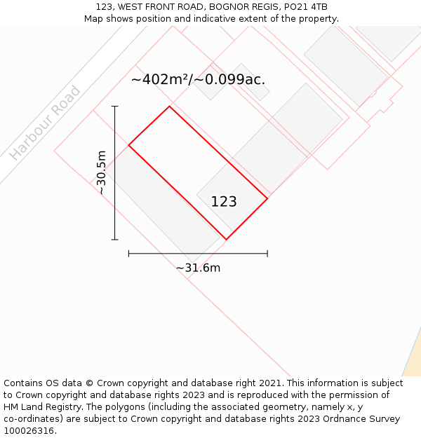 123, WEST FRONT ROAD, BOGNOR REGIS, PO21 4TB: Plot and title map