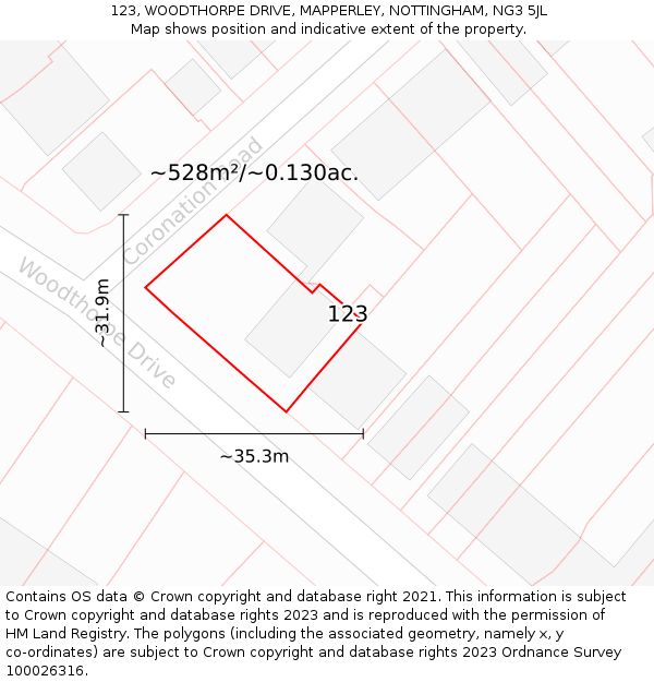 123, WOODTHORPE DRIVE, MAPPERLEY, NOTTINGHAM, NG3 5JL: Plot and title map