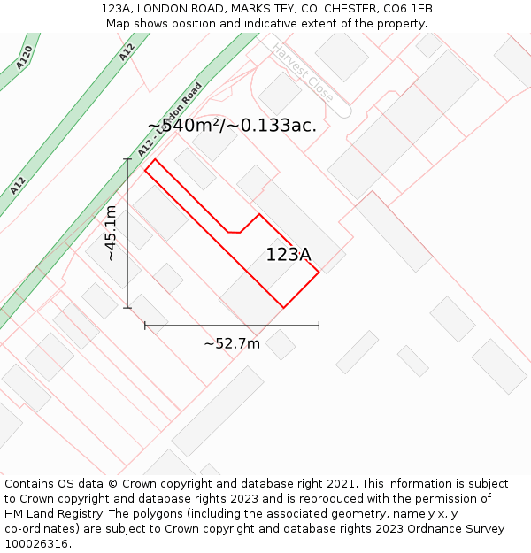 123A, LONDON ROAD, MARKS TEY, COLCHESTER, CO6 1EB: Plot and title map