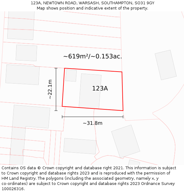 123A, NEWTOWN ROAD, WARSASH, SOUTHAMPTON, SO31 9GY: Plot and title map