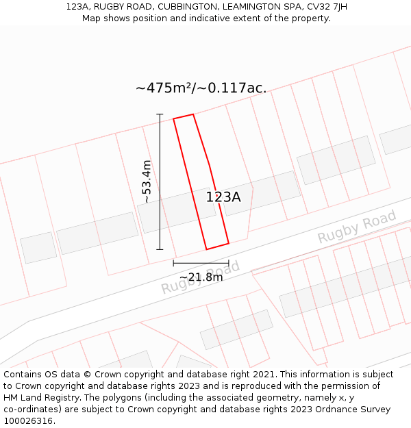 123A, RUGBY ROAD, CUBBINGTON, LEAMINGTON SPA, CV32 7JH: Plot and title map