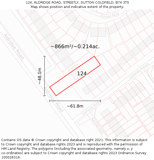 124, ALDRIDGE ROAD, STREETLY, SUTTON COLDFIELD, B74 3TS: Plot and title map