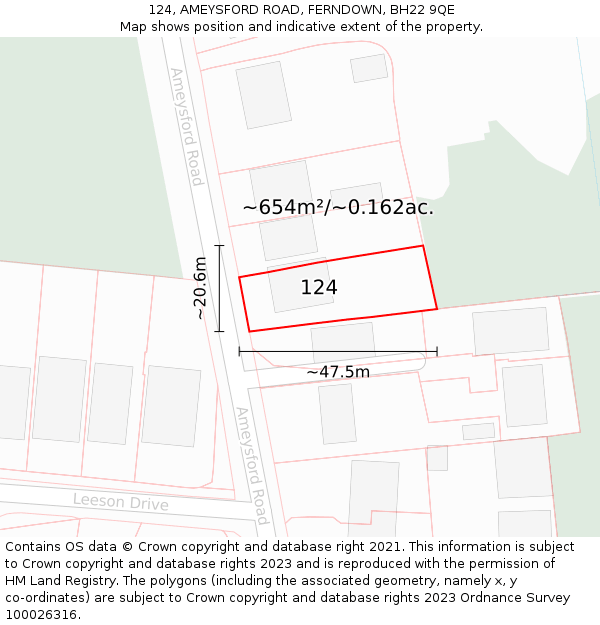 124, AMEYSFORD ROAD, FERNDOWN, BH22 9QE: Plot and title map