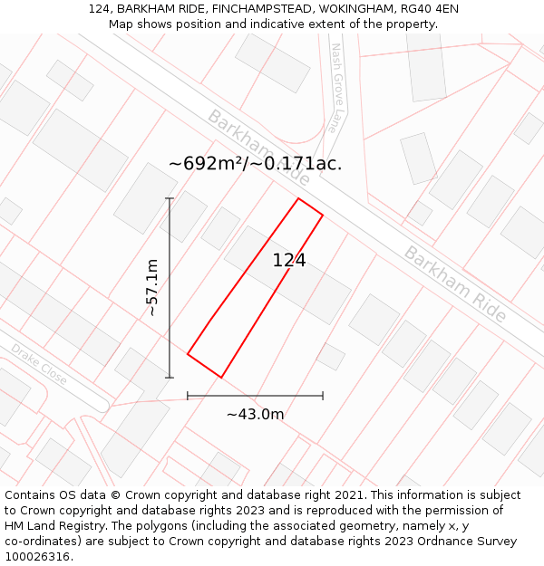124, BARKHAM RIDE, FINCHAMPSTEAD, WOKINGHAM, RG40 4EN: Plot and title map