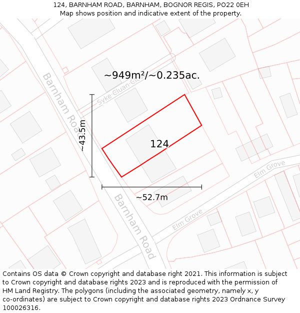 124, BARNHAM ROAD, BARNHAM, BOGNOR REGIS, PO22 0EH: Plot and title map