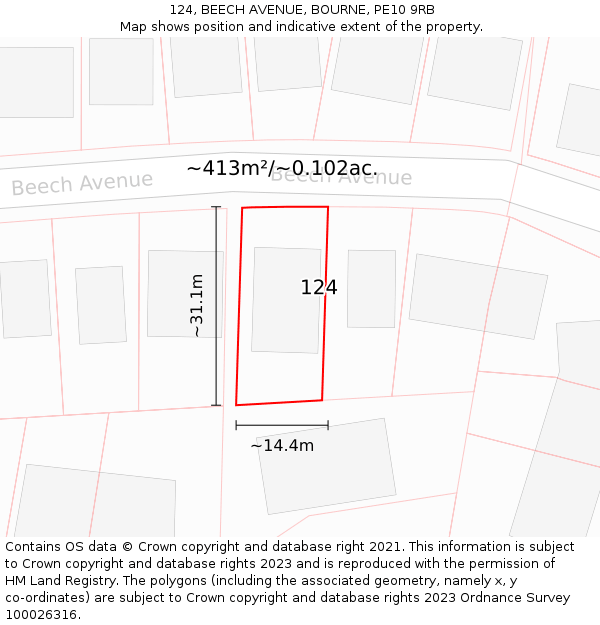 124, BEECH AVENUE, BOURNE, PE10 9RB: Plot and title map