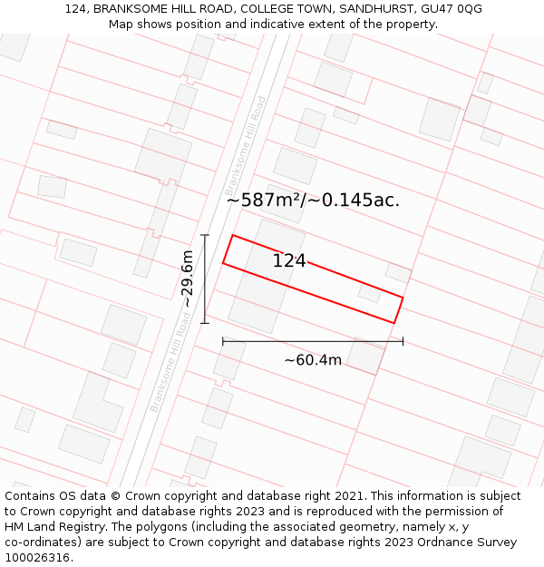 124, BRANKSOME HILL ROAD, COLLEGE TOWN, SANDHURST, GU47 0QG: Plot and title map