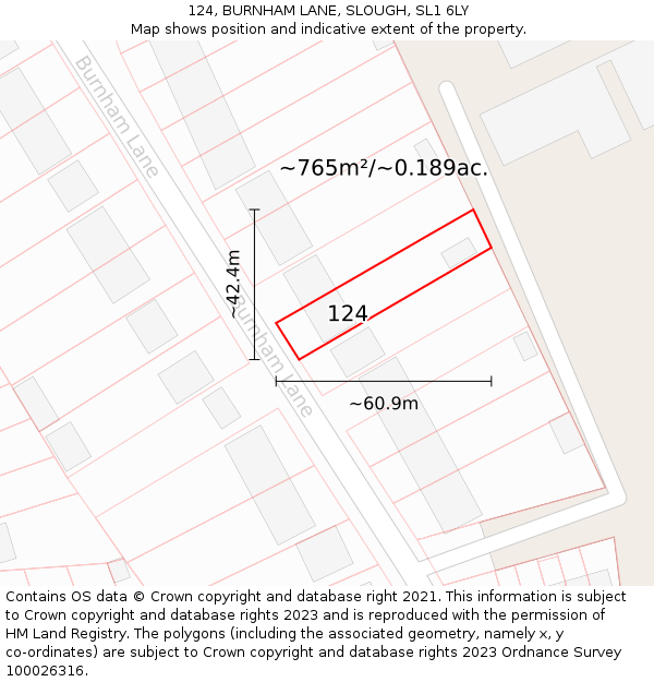 124, BURNHAM LANE, SLOUGH, SL1 6LY: Plot and title map