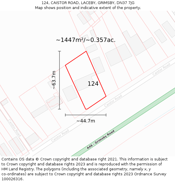 124, CAISTOR ROAD, LACEBY, GRIMSBY, DN37 7JG: Plot and title map