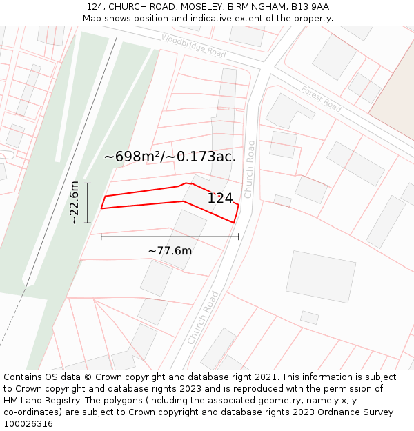 124, CHURCH ROAD, MOSELEY, BIRMINGHAM, B13 9AA: Plot and title map