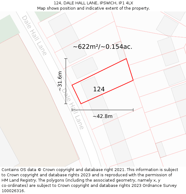 124, DALE HALL LANE, IPSWICH, IP1 4LX: Plot and title map