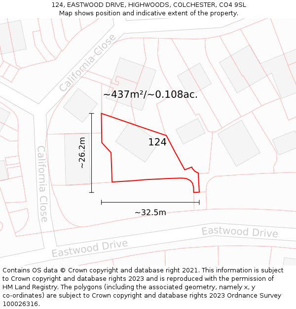 124, EASTWOOD DRIVE, HIGHWOODS, COLCHESTER, CO4 9SL: Plot and title map