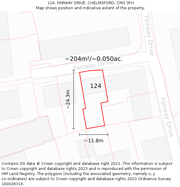 124, FAIRWAY DRIVE, CHELMSFORD, CM3 3FH: Plot and title map