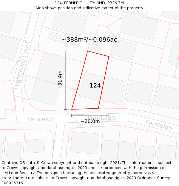 124, FERNLEIGH, LEYLAND, PR26 7AL: Plot and title map