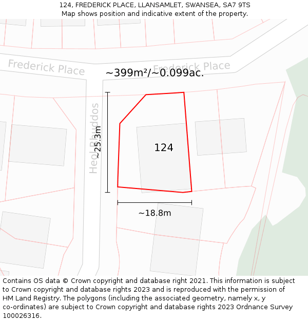 124, FREDERICK PLACE, LLANSAMLET, SWANSEA, SA7 9TS: Plot and title map