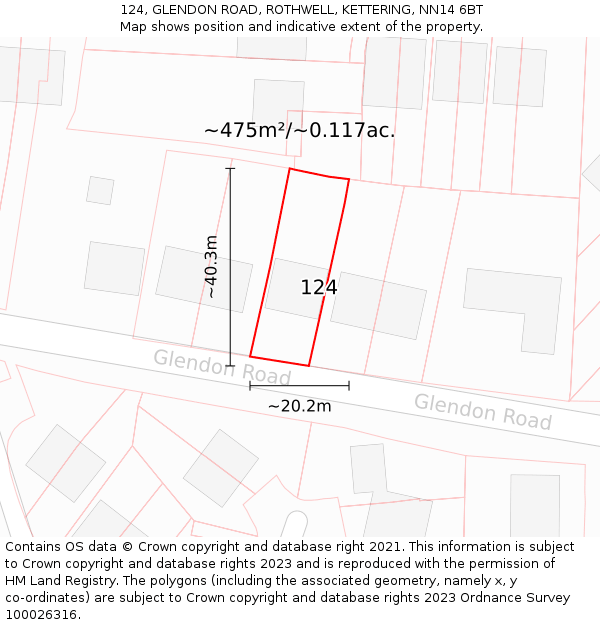 124, GLENDON ROAD, ROTHWELL, KETTERING, NN14 6BT: Plot and title map