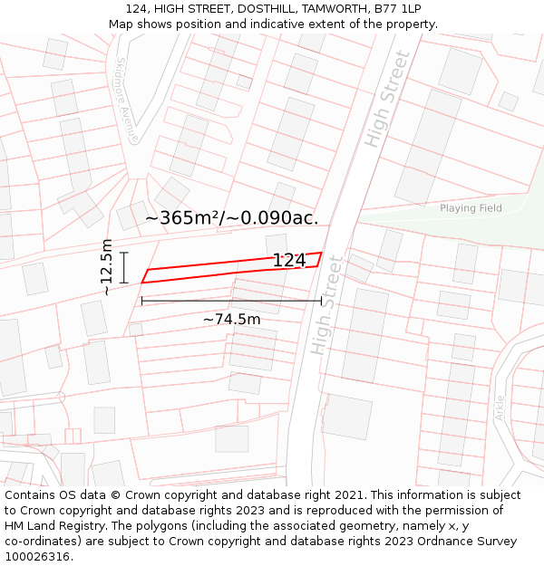 124, HIGH STREET, DOSTHILL, TAMWORTH, B77 1LP: Plot and title map