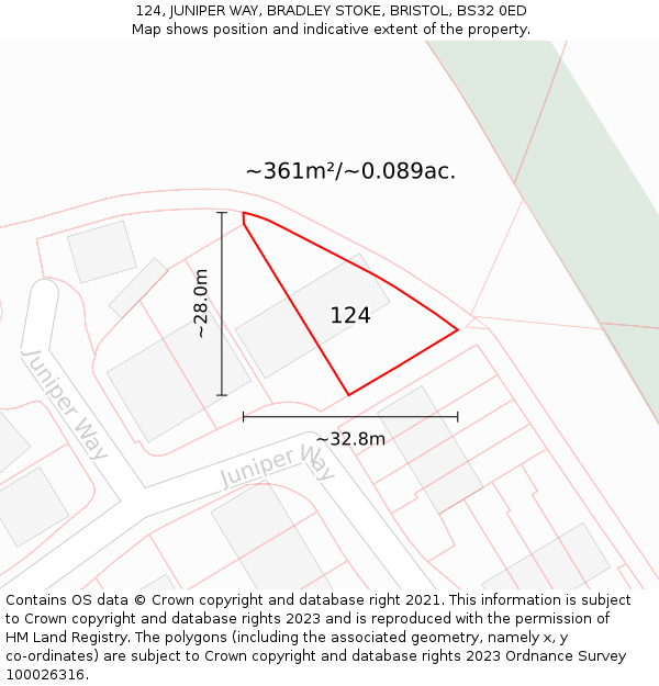 124, JUNIPER WAY, BRADLEY STOKE, BRISTOL, BS32 0ED: Plot and title map