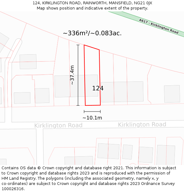 124, KIRKLINGTON ROAD, RAINWORTH, MANSFIELD, NG21 0JX: Plot and title map