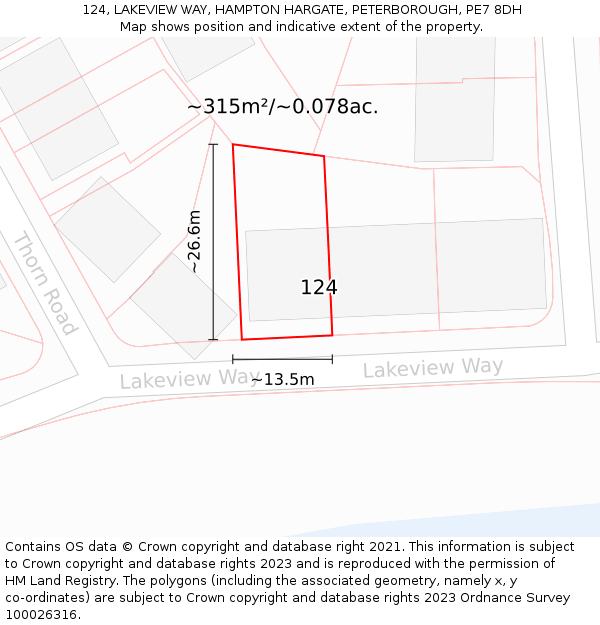 124, LAKEVIEW WAY, HAMPTON HARGATE, PETERBOROUGH, PE7 8DH: Plot and title map