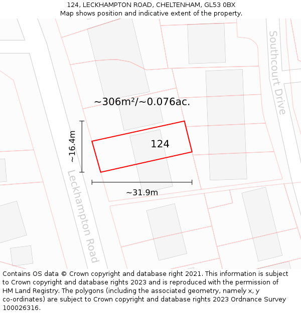 124, LECKHAMPTON ROAD, CHELTENHAM, GL53 0BX: Plot and title map