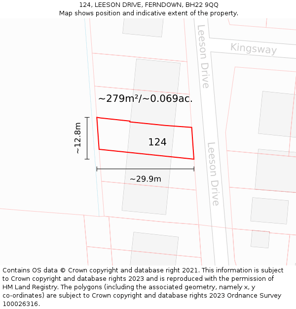 124, LEESON DRIVE, FERNDOWN, BH22 9QQ: Plot and title map