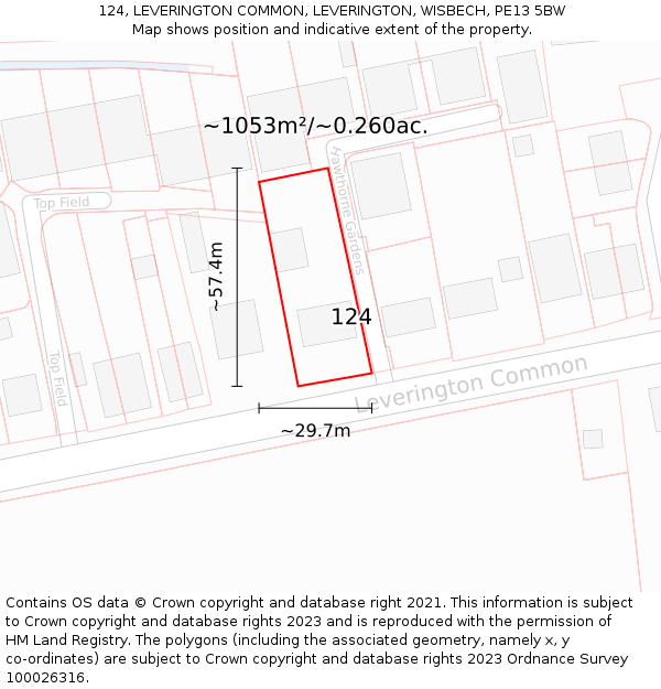 124, LEVERINGTON COMMON, LEVERINGTON, WISBECH, PE13 5BW: Plot and title map