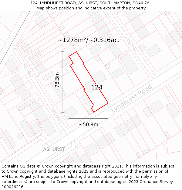 124, LYNDHURST ROAD, ASHURST, SOUTHAMPTON, SO40 7AU: Plot and title map