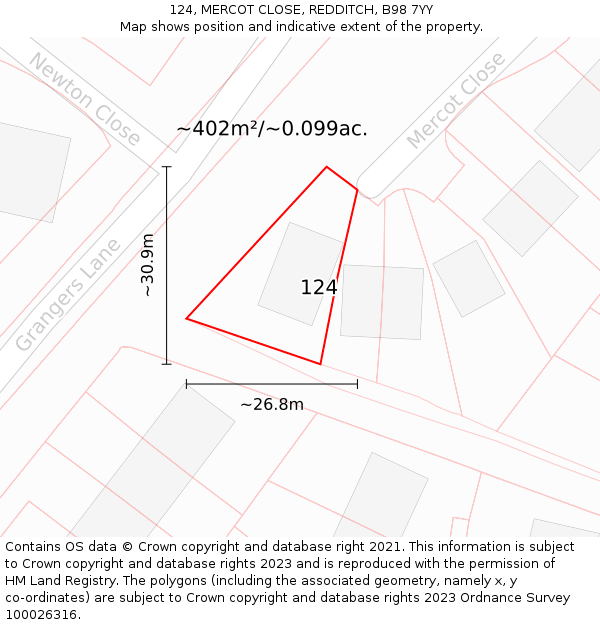 124, MERCOT CLOSE, REDDITCH, B98 7YY: Plot and title map