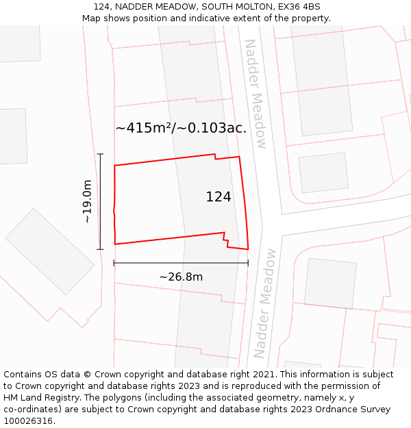 124, NADDER MEADOW, SOUTH MOLTON, EX36 4BS: Plot and title map