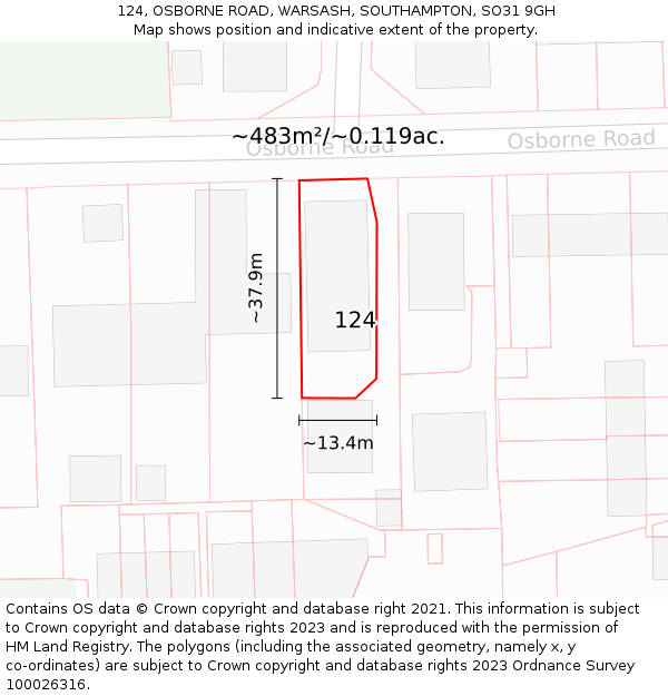 124, OSBORNE ROAD, WARSASH, SOUTHAMPTON, SO31 9GH: Plot and title map