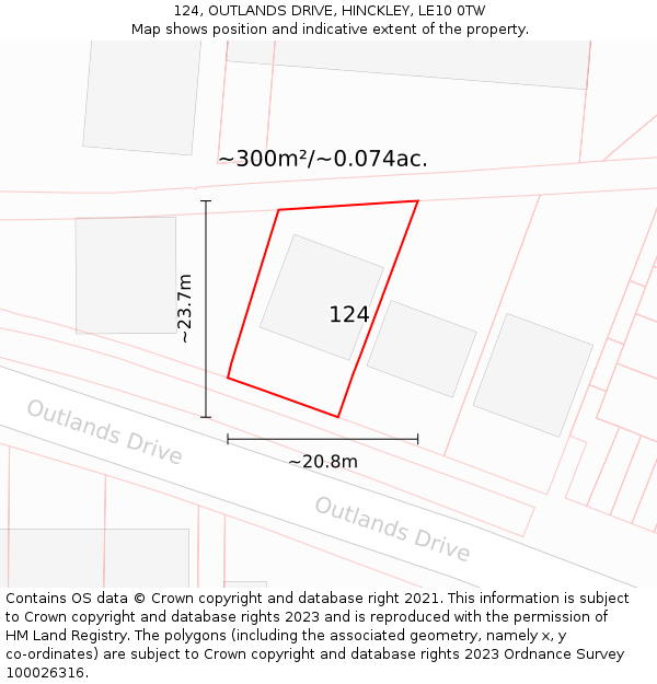 124, OUTLANDS DRIVE, HINCKLEY, LE10 0TW: Plot and title map