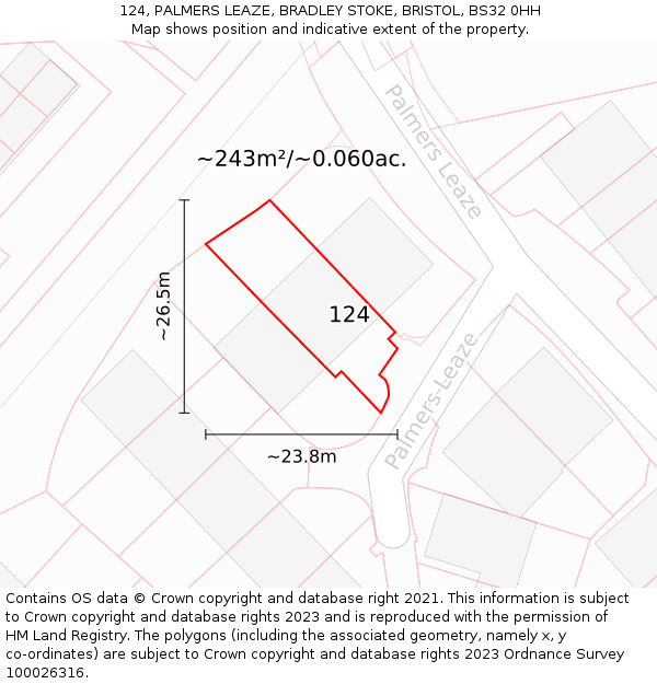 124, PALMERS LEAZE, BRADLEY STOKE, BRISTOL, BS32 0HH: Plot and title map