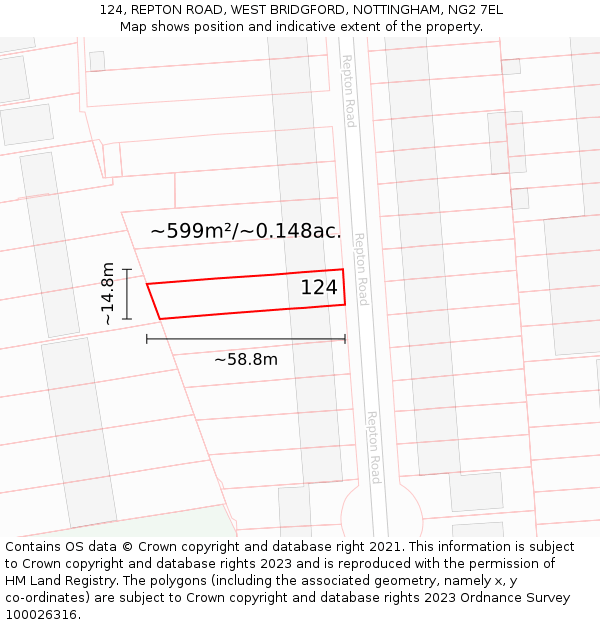 124, REPTON ROAD, WEST BRIDGFORD, NOTTINGHAM, NG2 7EL: Plot and title map